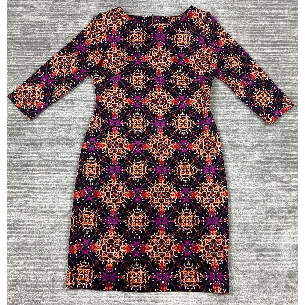 Gabby Sky Dress Womens 6 Multicolor 3/4 Sleeve Polyester Blend Sheath Midi